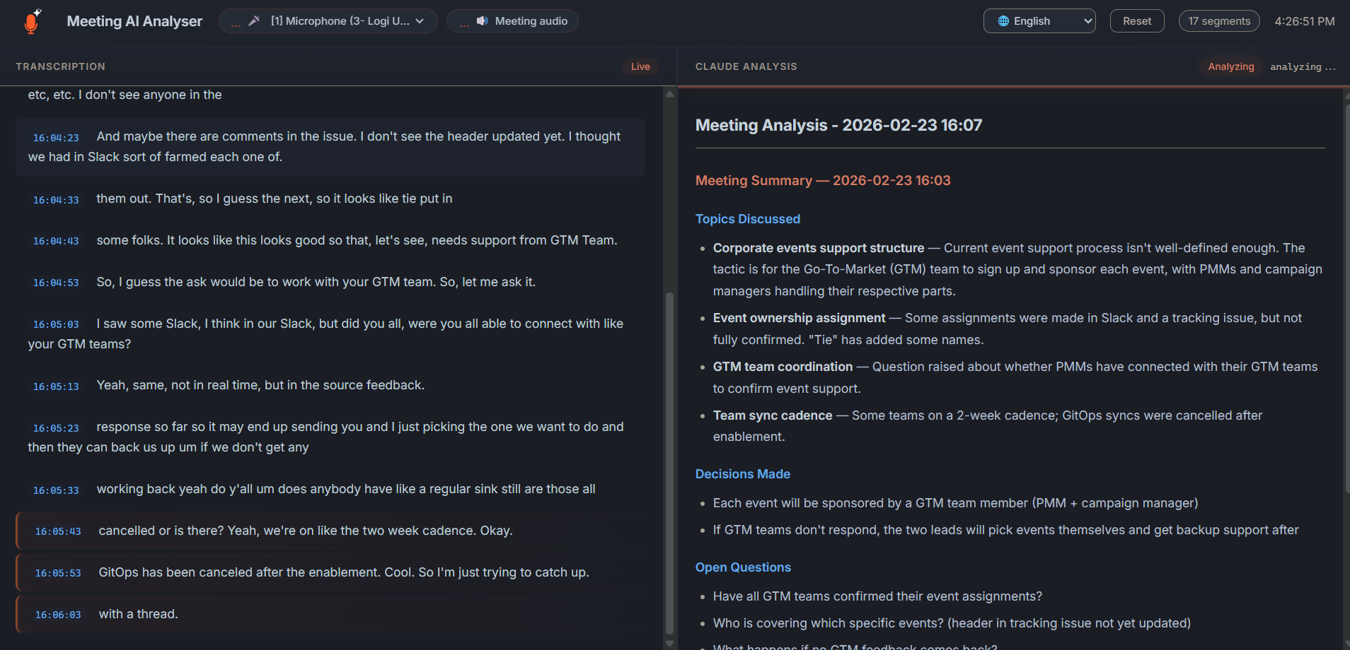 Meeting AI Analyser - real-time transcription and Claude AI analysis side by side